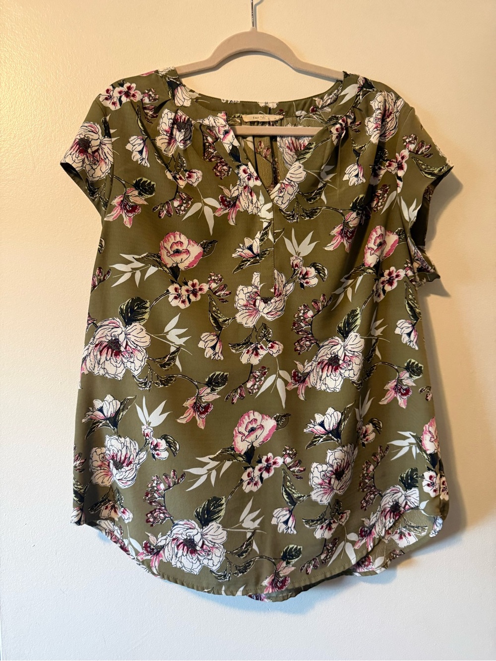fun 2 fun Olive Green Floral V-Neck Blouse with Pink and White Accents